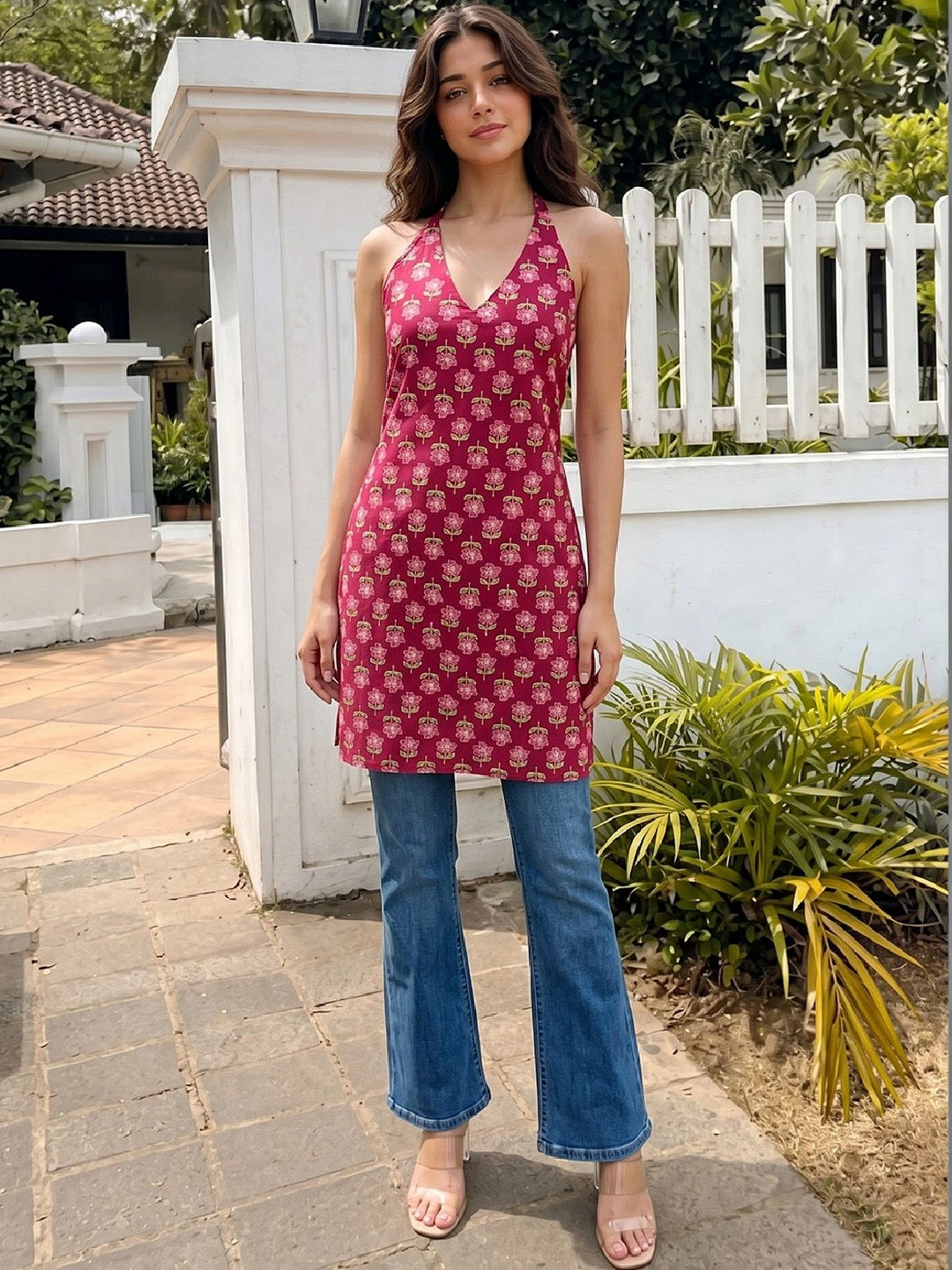 KALAMIR Floral Printed Halter Neck Kurti