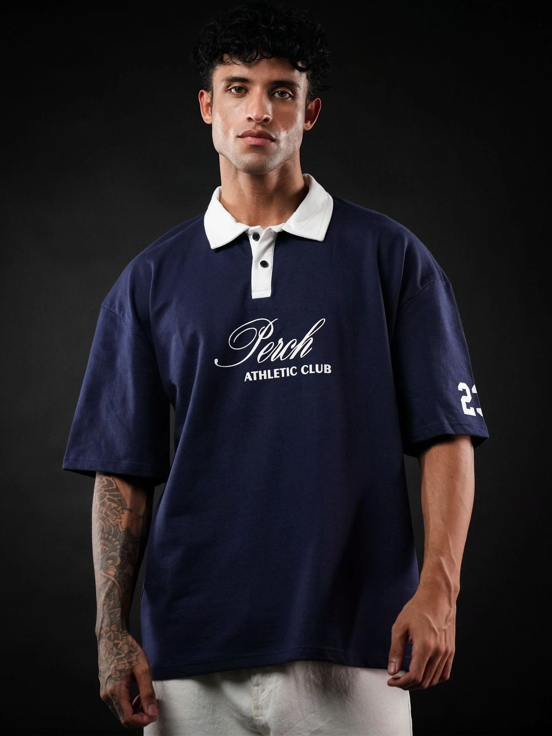 PERCH Men Typography Printed Polo Collar T-shirt