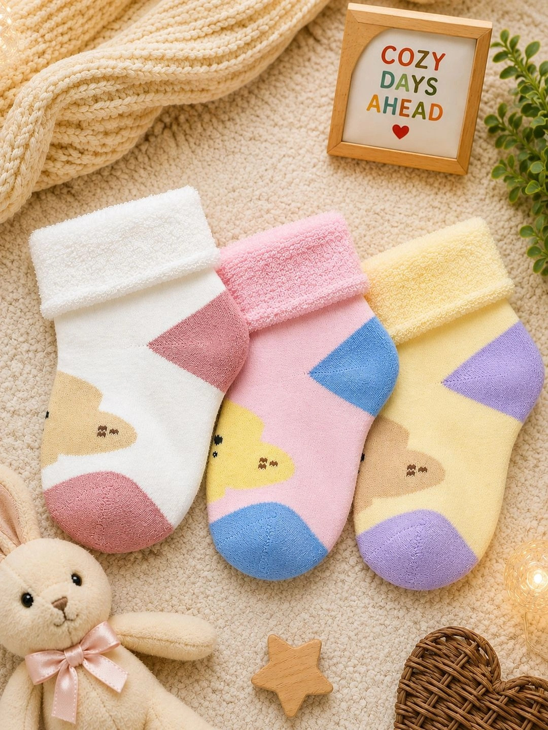 CORTICA Unisex Kids Pack of 3 Cotton Blend Assorted Patterned Ankle Length Socks