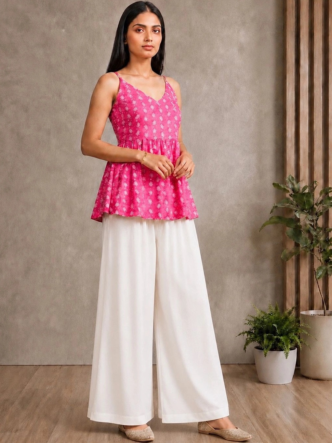 Varanga Floral Print Cotton Peplum Top