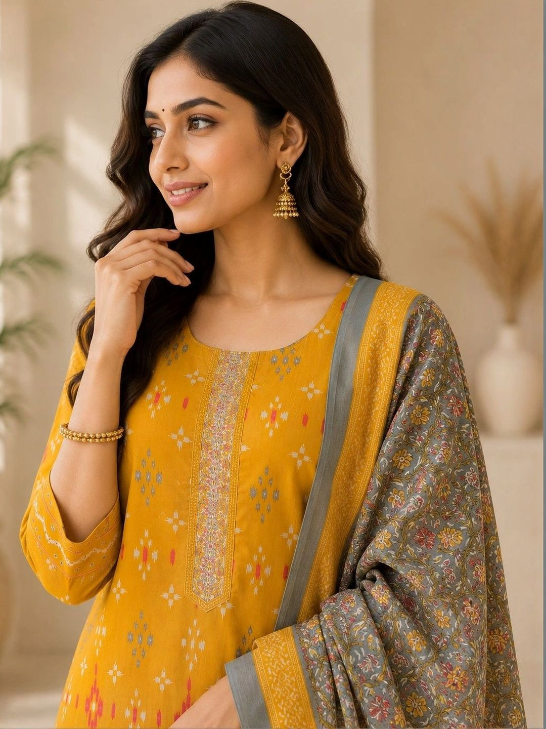 Anouk Women Ethnic Printed Regular Thread Work Pure Cotton Kurta with Trousers & Dupatta