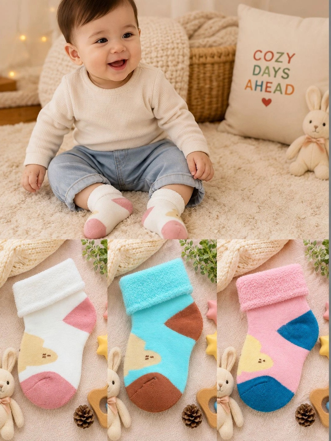 CORTICA Unisex Kids Pack of 3 Cotton Blend Assorted Patterned Ankle Length Socks