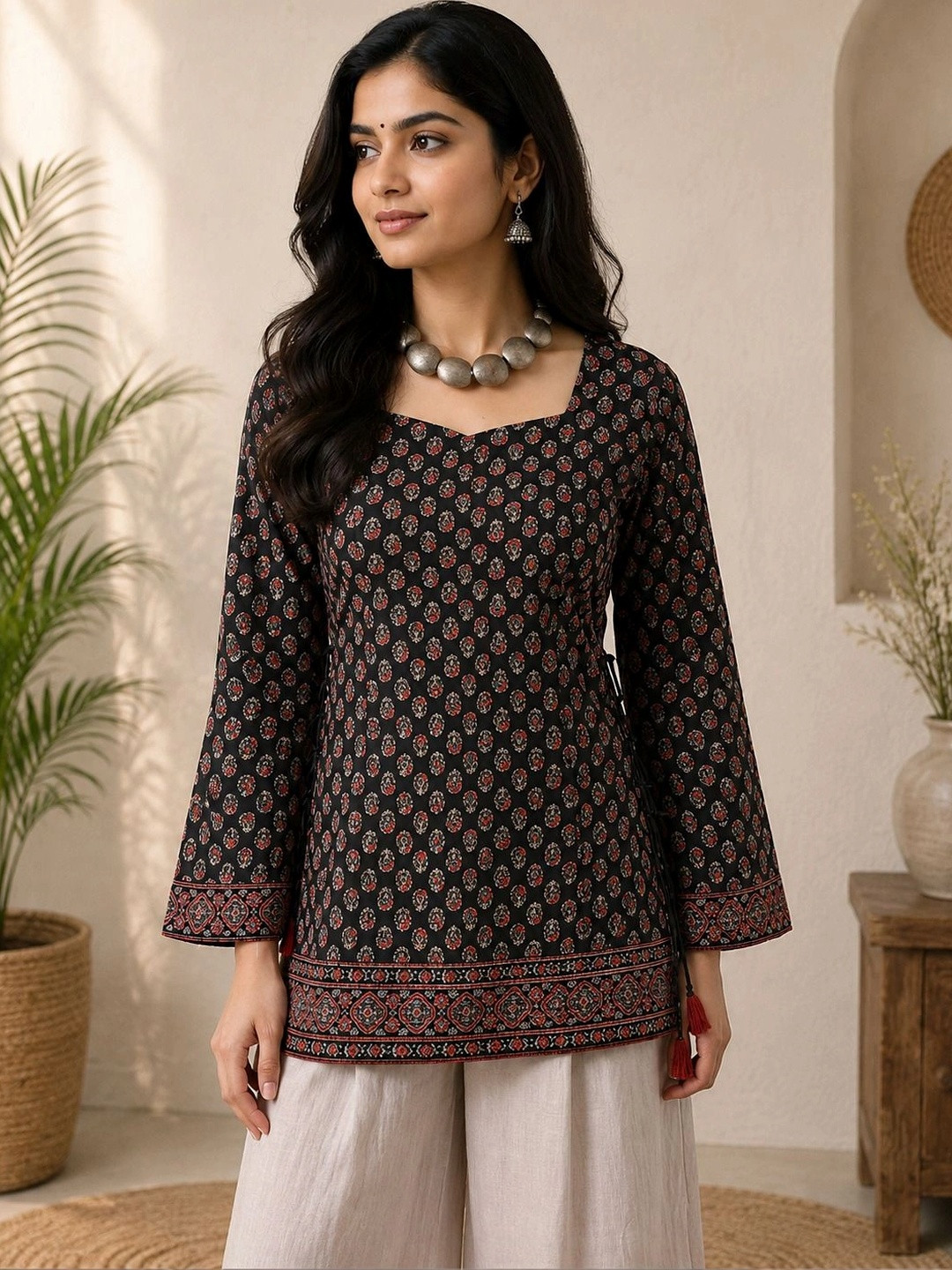 NIVEDANAM Ethnic Motifs Printed Boat Neck Flared Sleeves Kurti