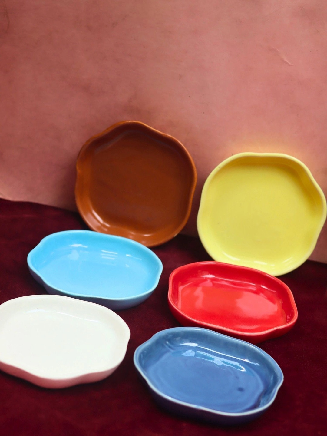 WEAVING HOMES Red & Blue 6 Pieces Ceramic Dessert Plates