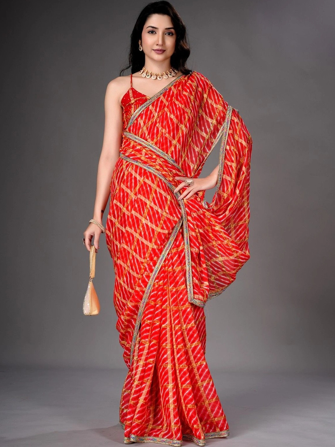 LDF studio Bandhani Zari Pure Chiffon Bandhani Saree