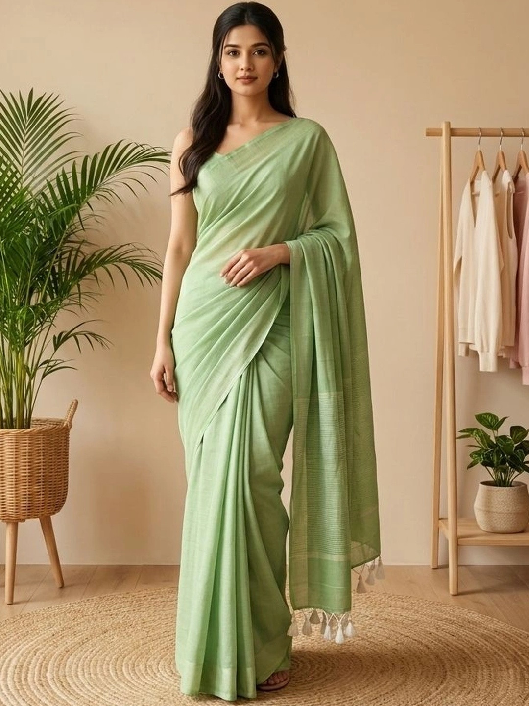 ADUKIAZ Women Pure Cotton Green Saree with Tassels