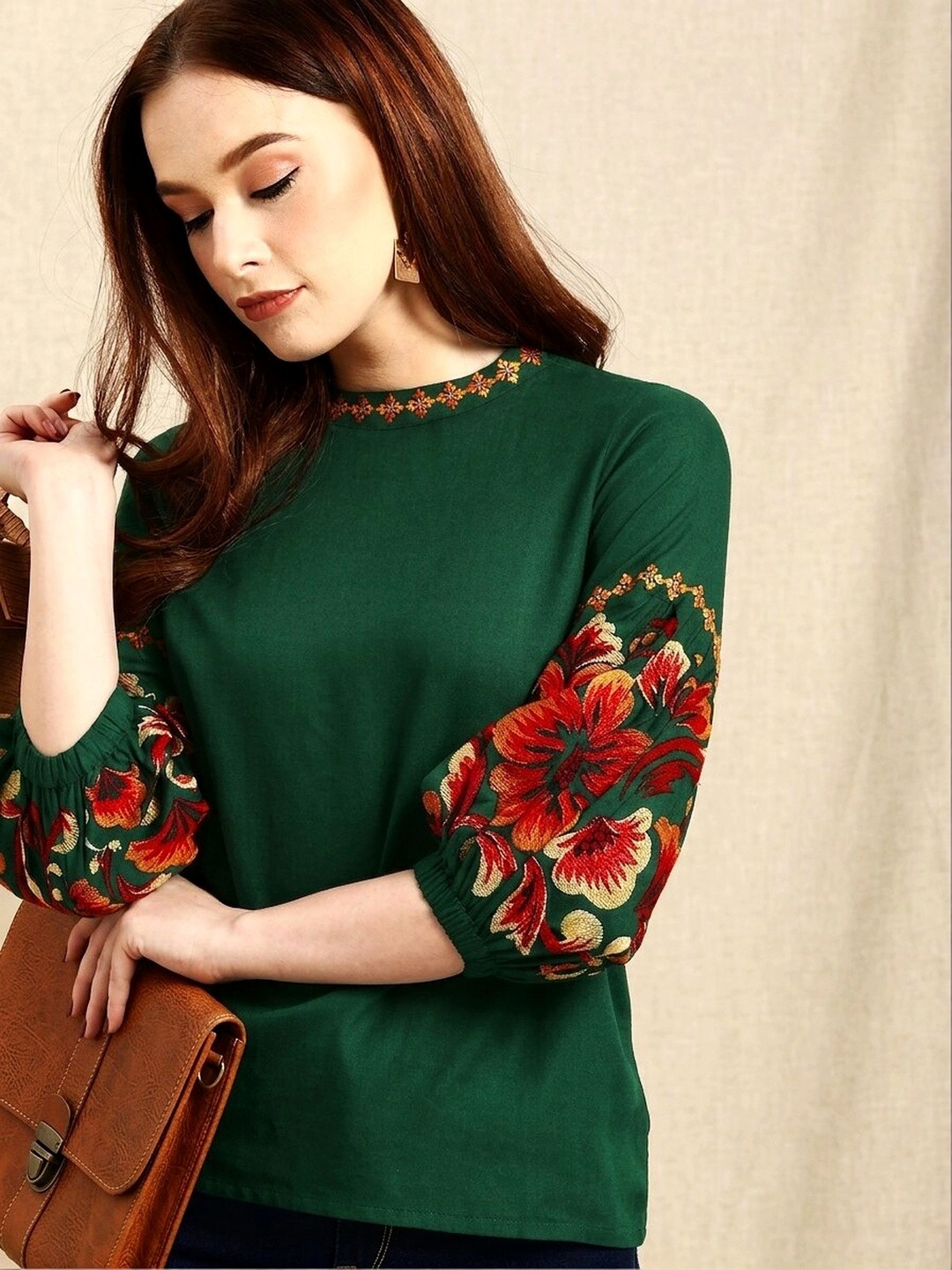 KALINI Floral Embroidered Puff Sleeve Top