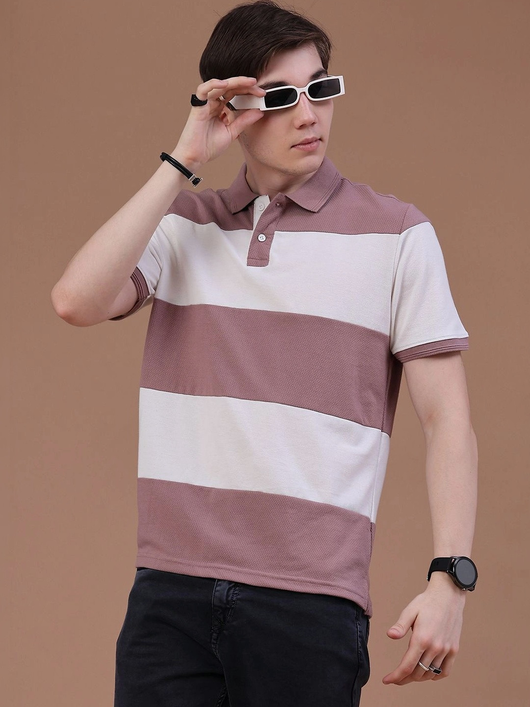 V-Mart Men Striped Polo Collar T-shirt