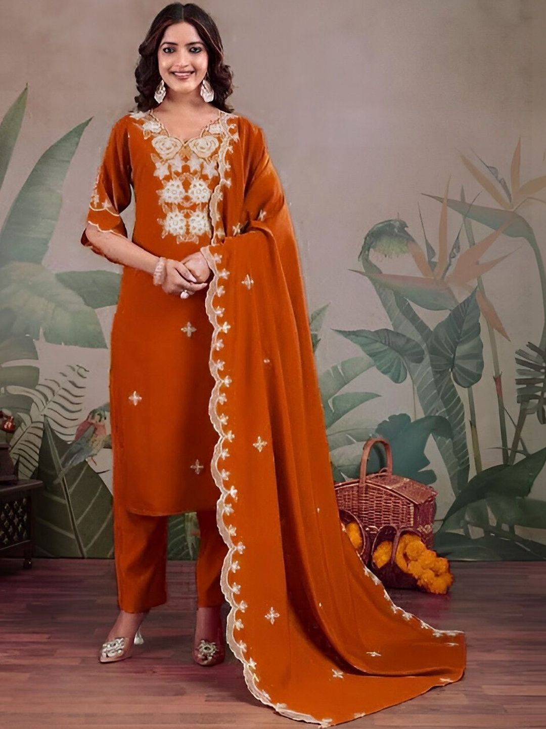 FoxDX Women Floral Embroidered Regular Thread Work Pure Silk Kurta with Trousers & With Dupatta