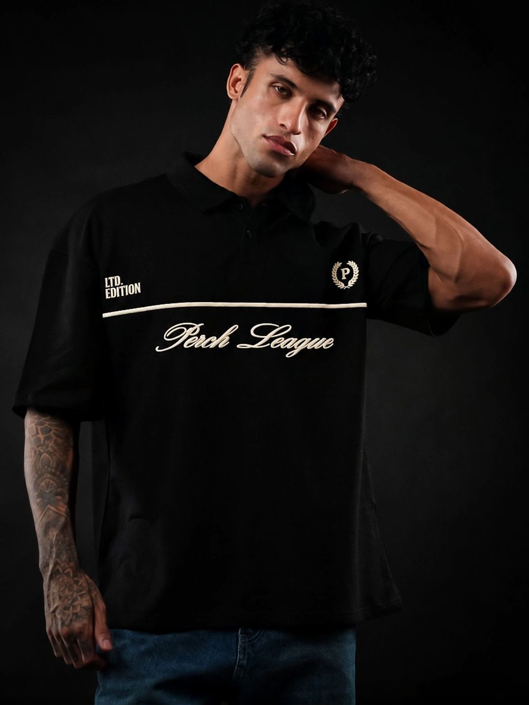 PERCH Men Typography Printed Polo Collar T-shirt