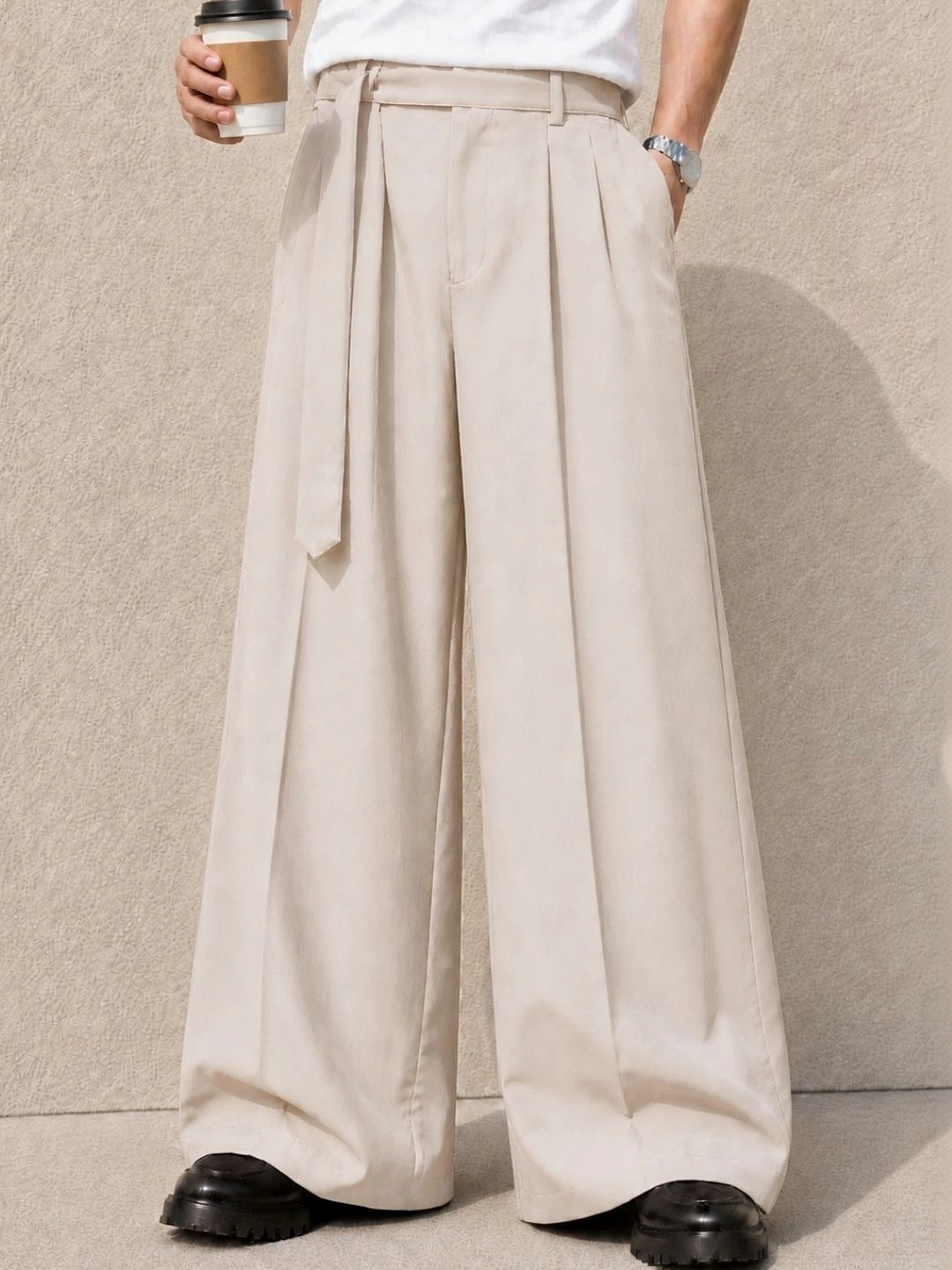 PERCH Men Solid Cream Relaxed Pleated Wide Leg Trousers