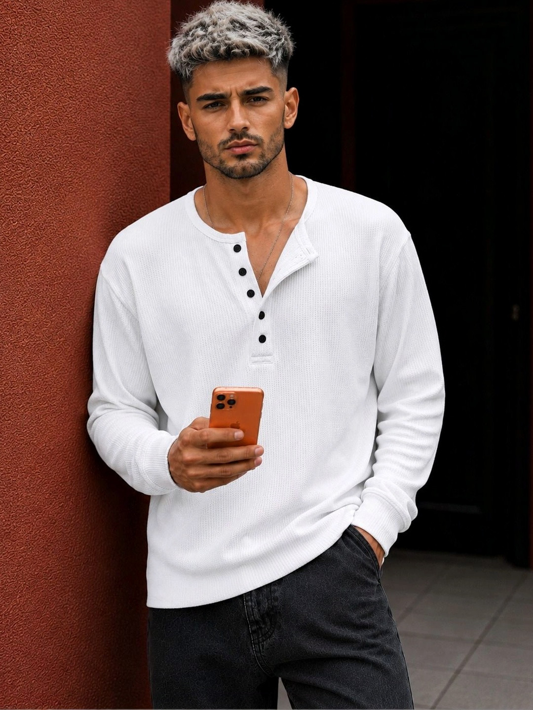 HOODLER Men Henley Neck T-shirt