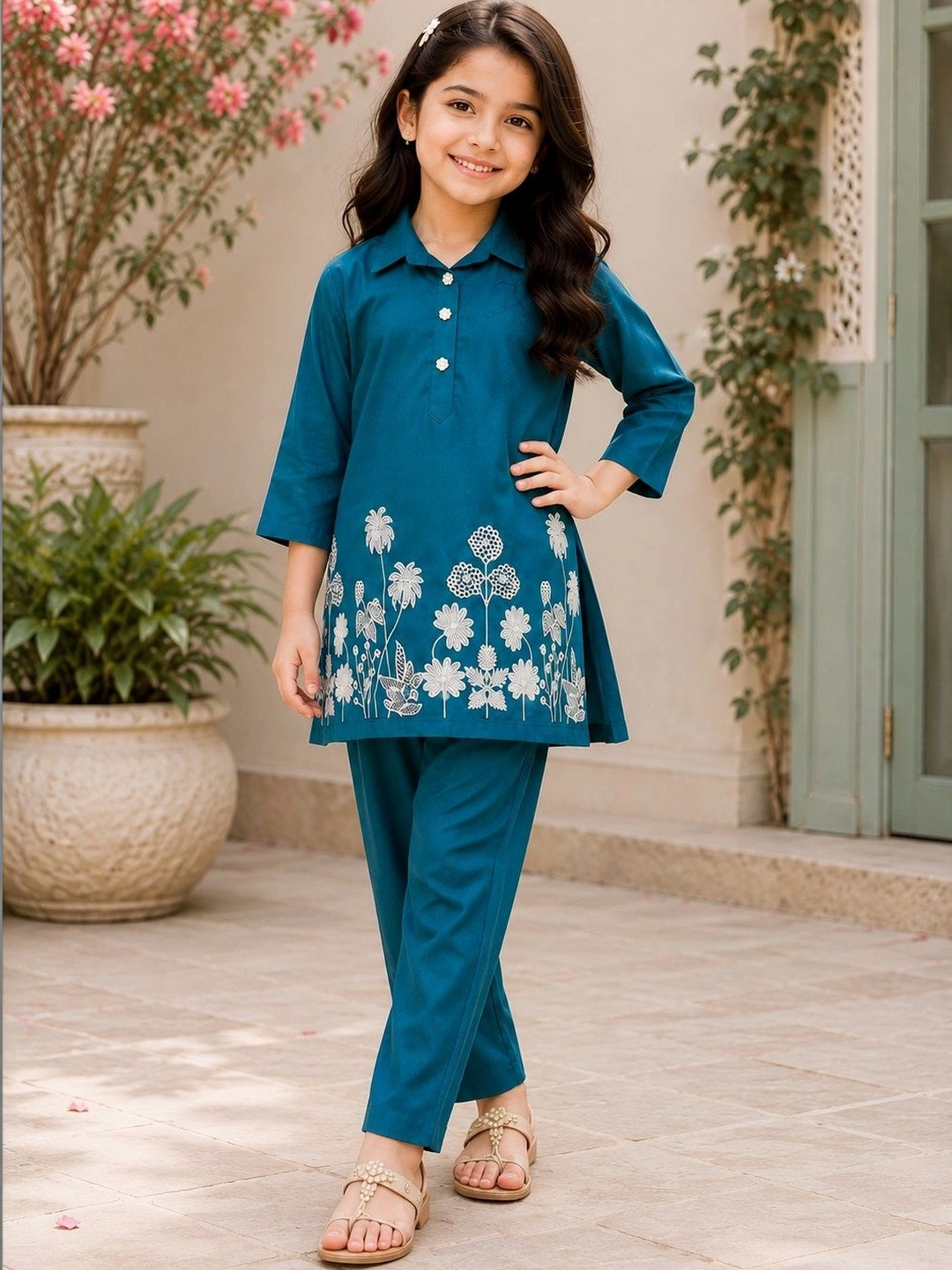 KALINI Girls Floral Embroidered Regular Thread Work Kurta with Trousers