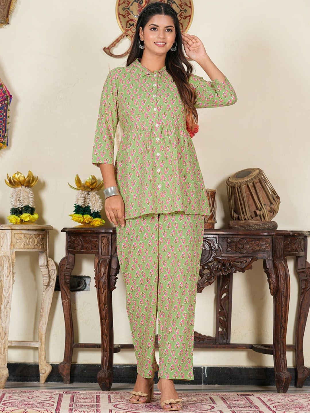 KALINI Floral Printed Shirt Collar Top with Trousers