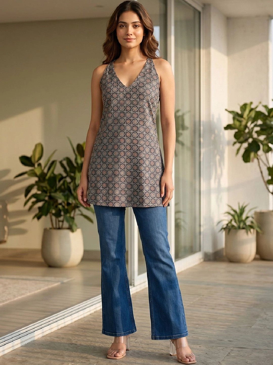 KALAMIR Geometric Printed V-Neck Kurti