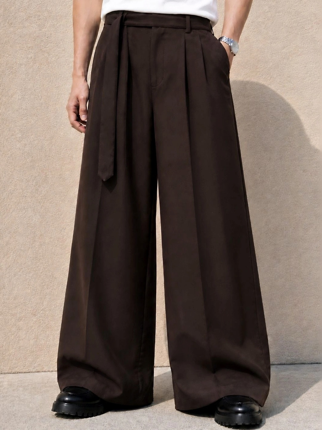 PERCH Men Solid Brown Relaxed Pleated Wide Leg Trousers