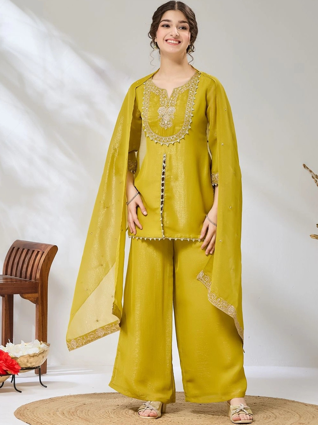 CurlyTales Girls Lime yellow Embroidered Kurta And Plazzo With Dupatta Set