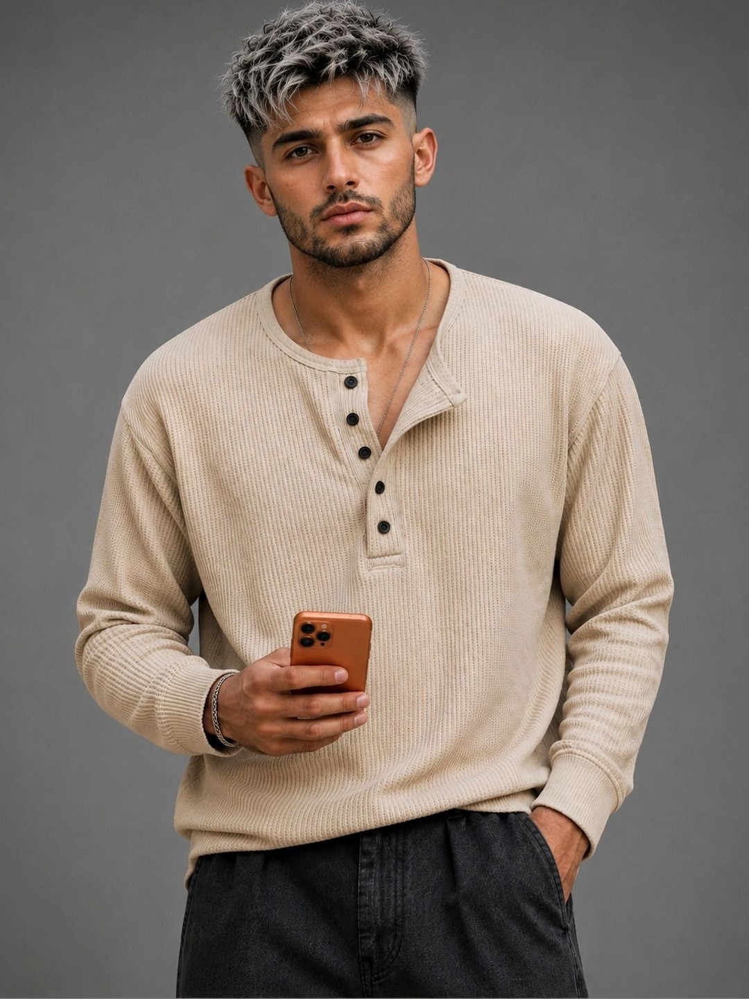 HOODLER Men Henley Neck T-shirt