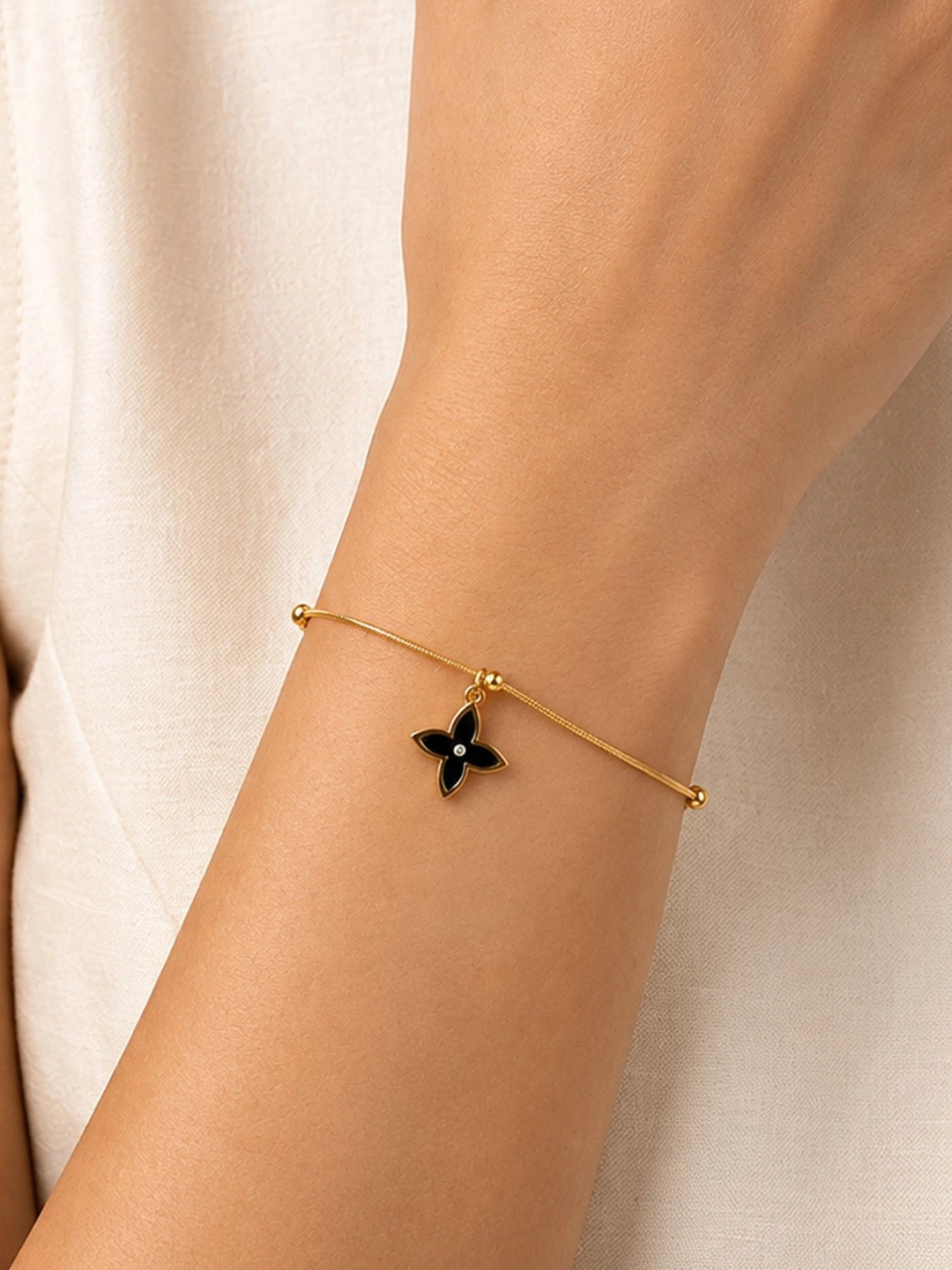 ARTKLIM Stainless Steel Gold-Plated Anti Tarnish Black Clover Charm Bracelet