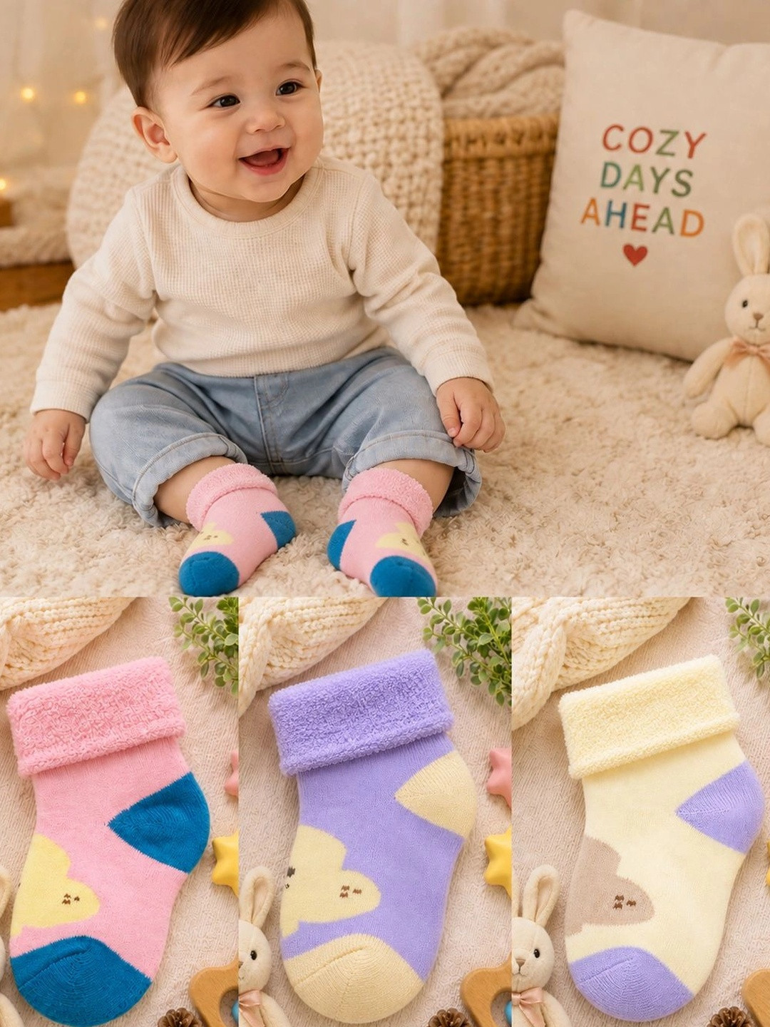 CORTICA Unisex Kids Pack of 3 Cotton Blend Assorted Patterned Above Ankle Socks