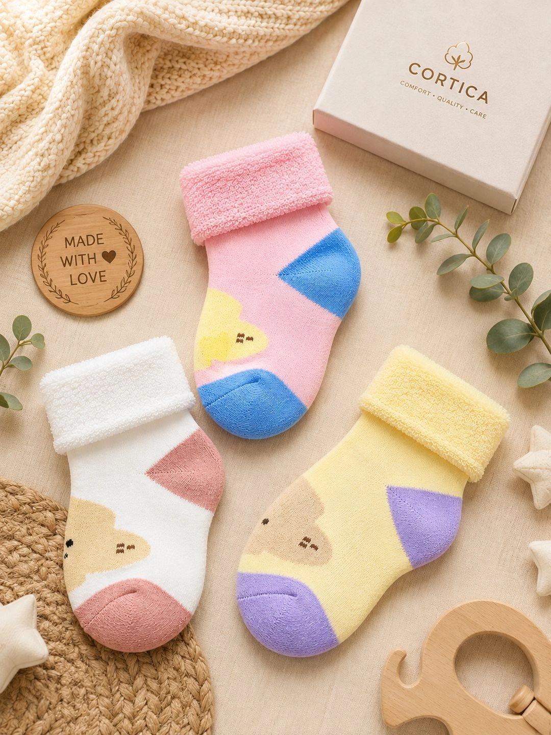 CORTICA Unisex Kids Pack of 3 Cotton Blend Assorted Patterned Above Ankle Socks