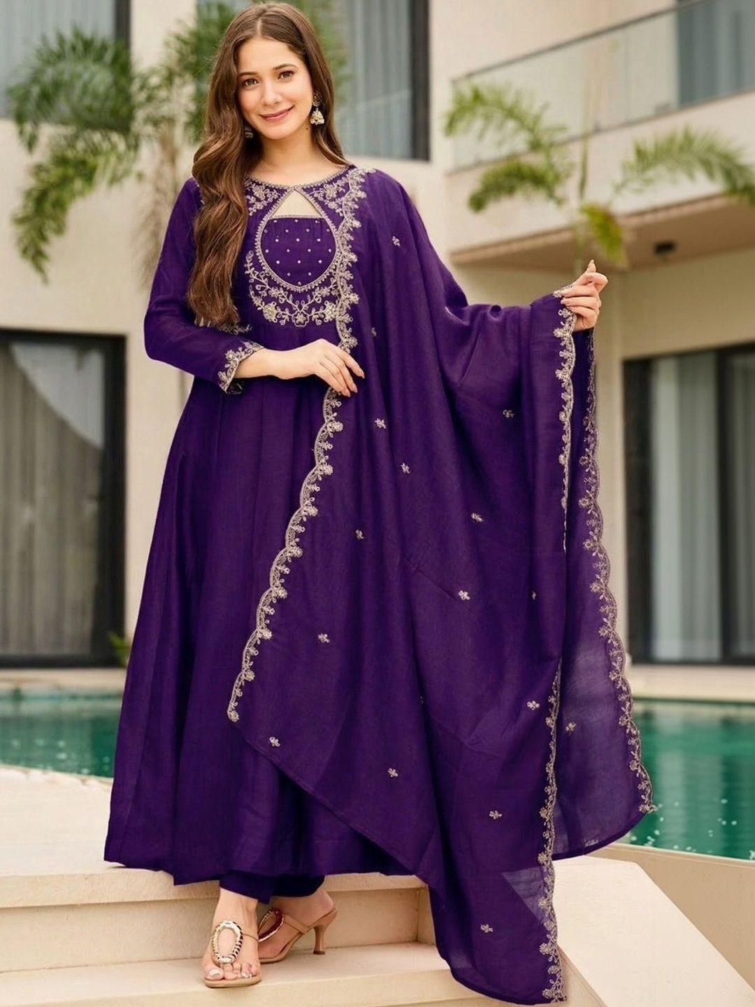 KALINI Women Ethnic Motifs Embroidered Empire Thread Work Kurta with Trousers & With Dupatta