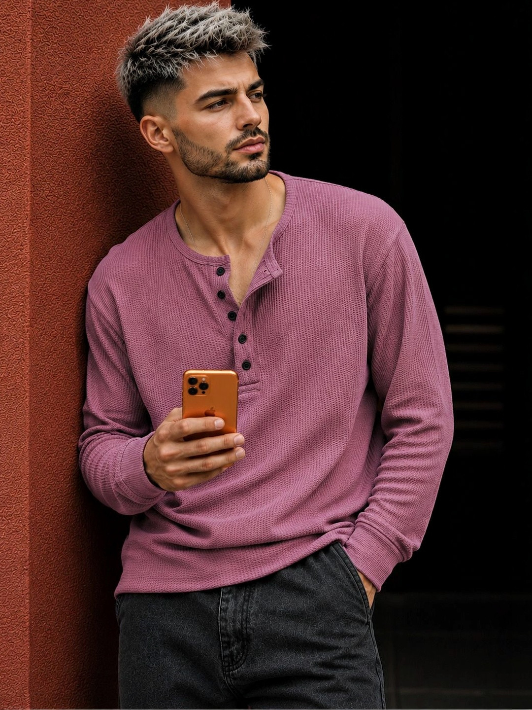 HOODLER Men Henley Neck T-shirt