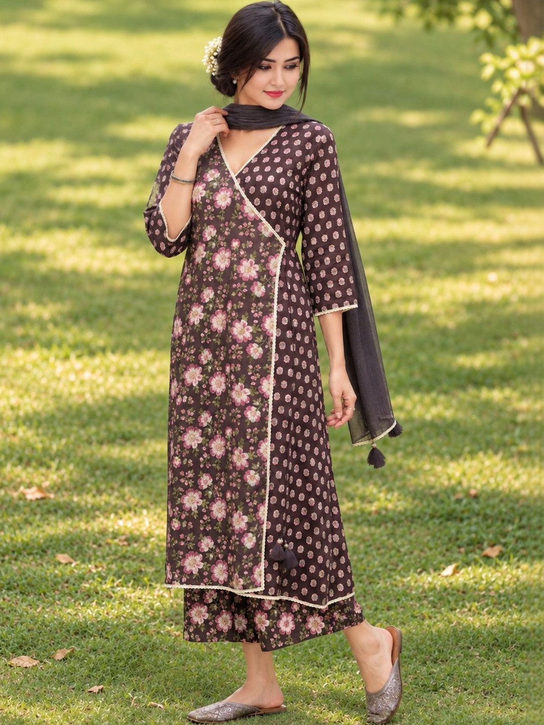 Anouk Women Floral Printed Angrakha Pure Cotton Kurta with Palazzos & With Dupatta