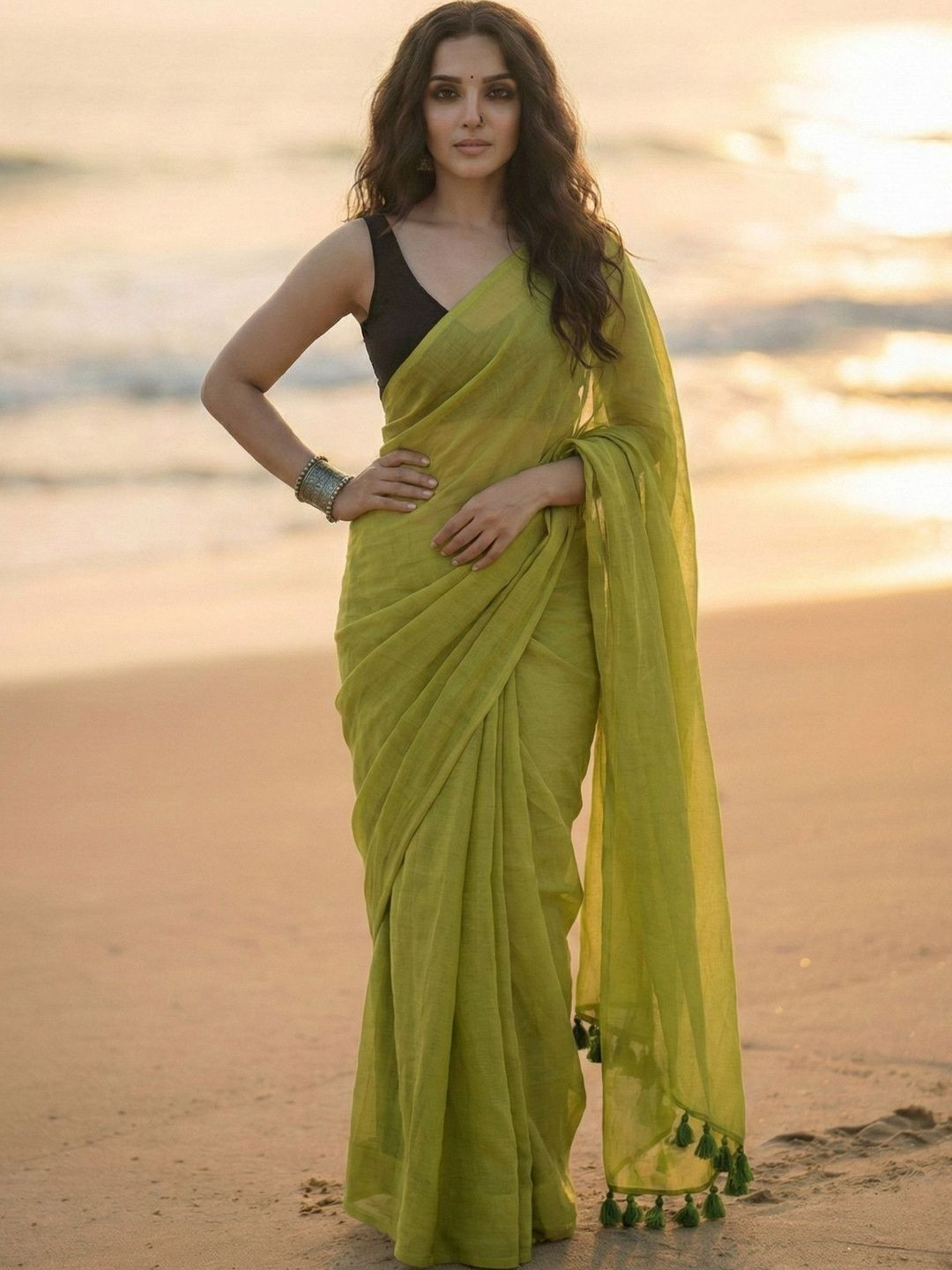 MAYIN India Women Olive Green Solid Plain Mul Cotton Saree