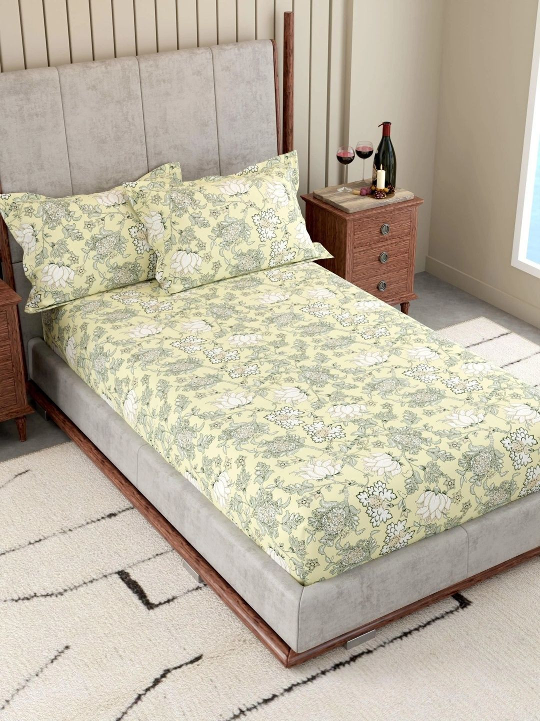 Pure Decor Yellow Floral 180 TC Single Bedsheet with 2 Pillow Covers