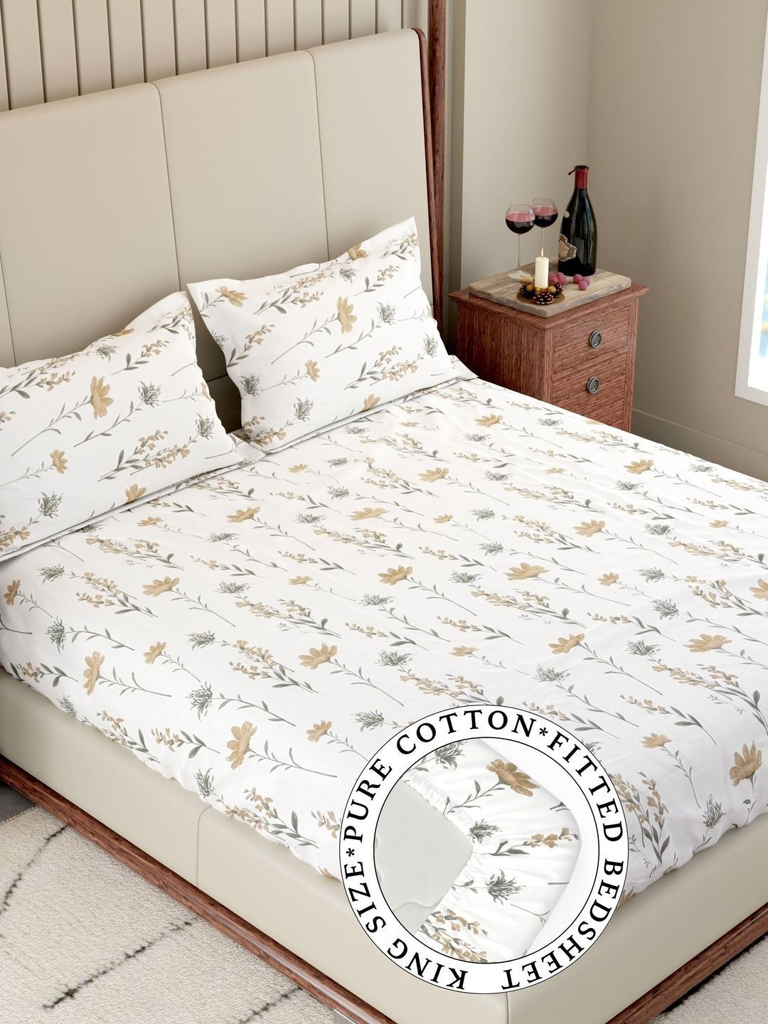 Pure Decor White Floral 180TC Cotton Elastic Fitted King Double Bedsheet & 2 Pillow Covers