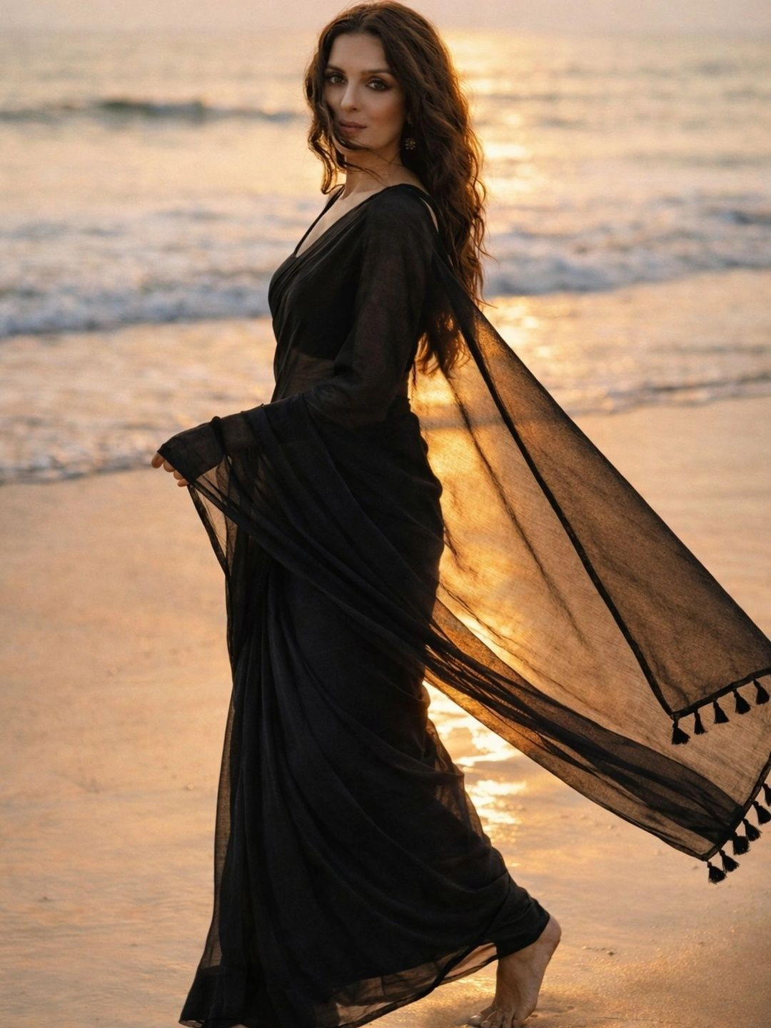 MAYIN India Women Black Solid Plain Mul Cotton Saree