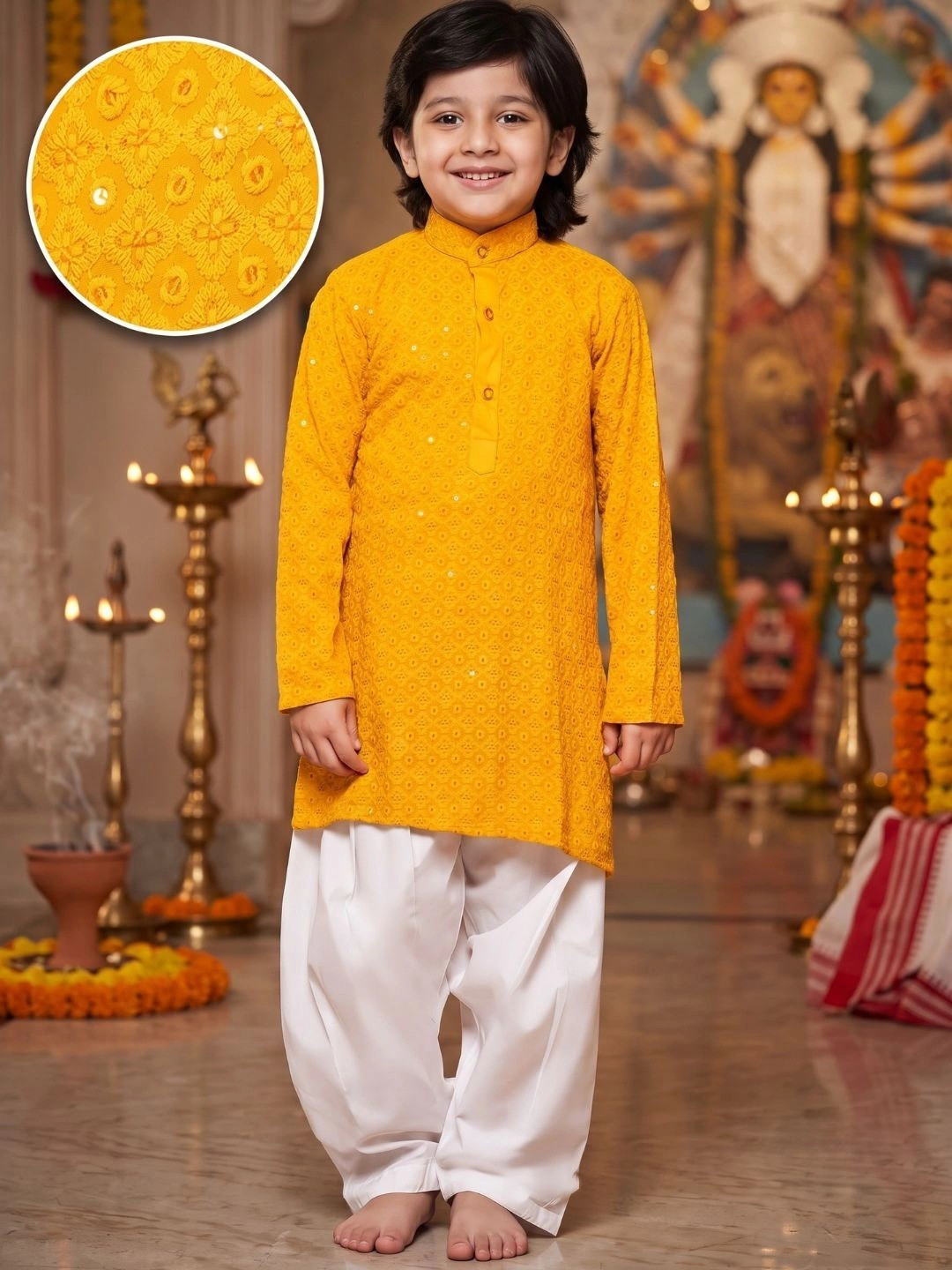 Aj DEZInES Boys Ethnic Motifs Embroidered Sequinned Pure Cotton Kurta With Salwar Set