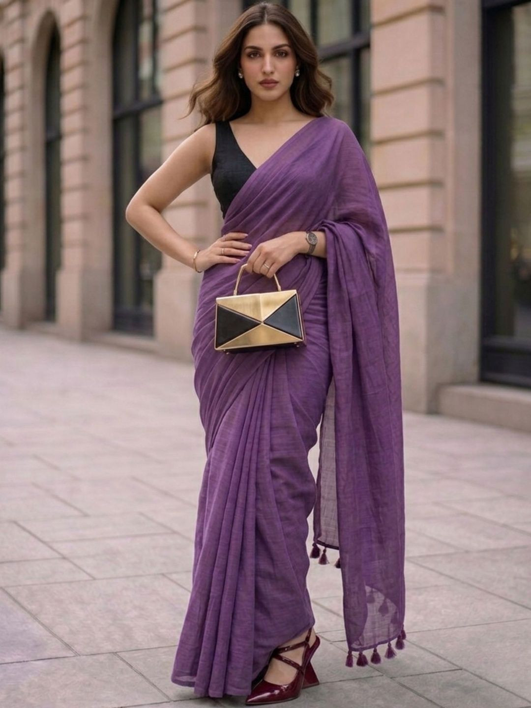 MAYIN India Women Purple Solid Plain Mul Cotton Saree