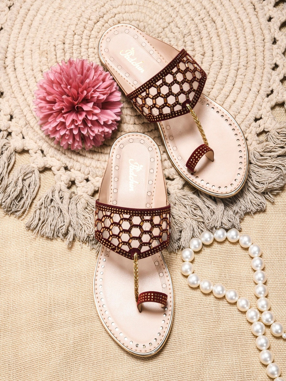 Padchin Women Embellished Ethnic Slip-On Open Toe Flats with Embroidered