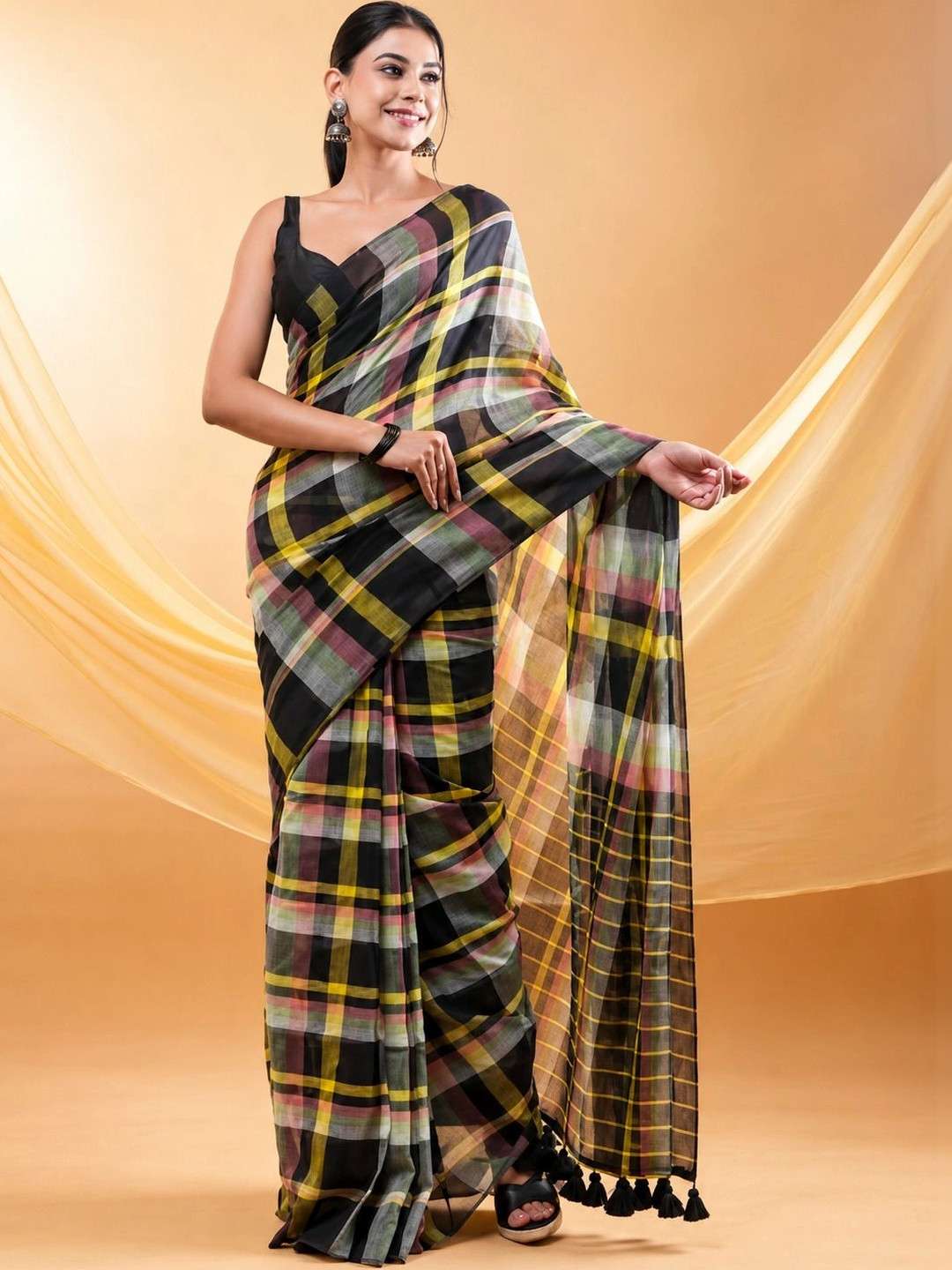 ALMAARI FASHION Checked Pure Cotton Designer Khadi Saree