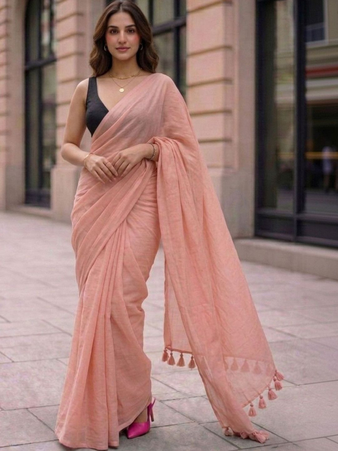 MAYIN India Women Pink Solid Plain Mul Cotton Saree