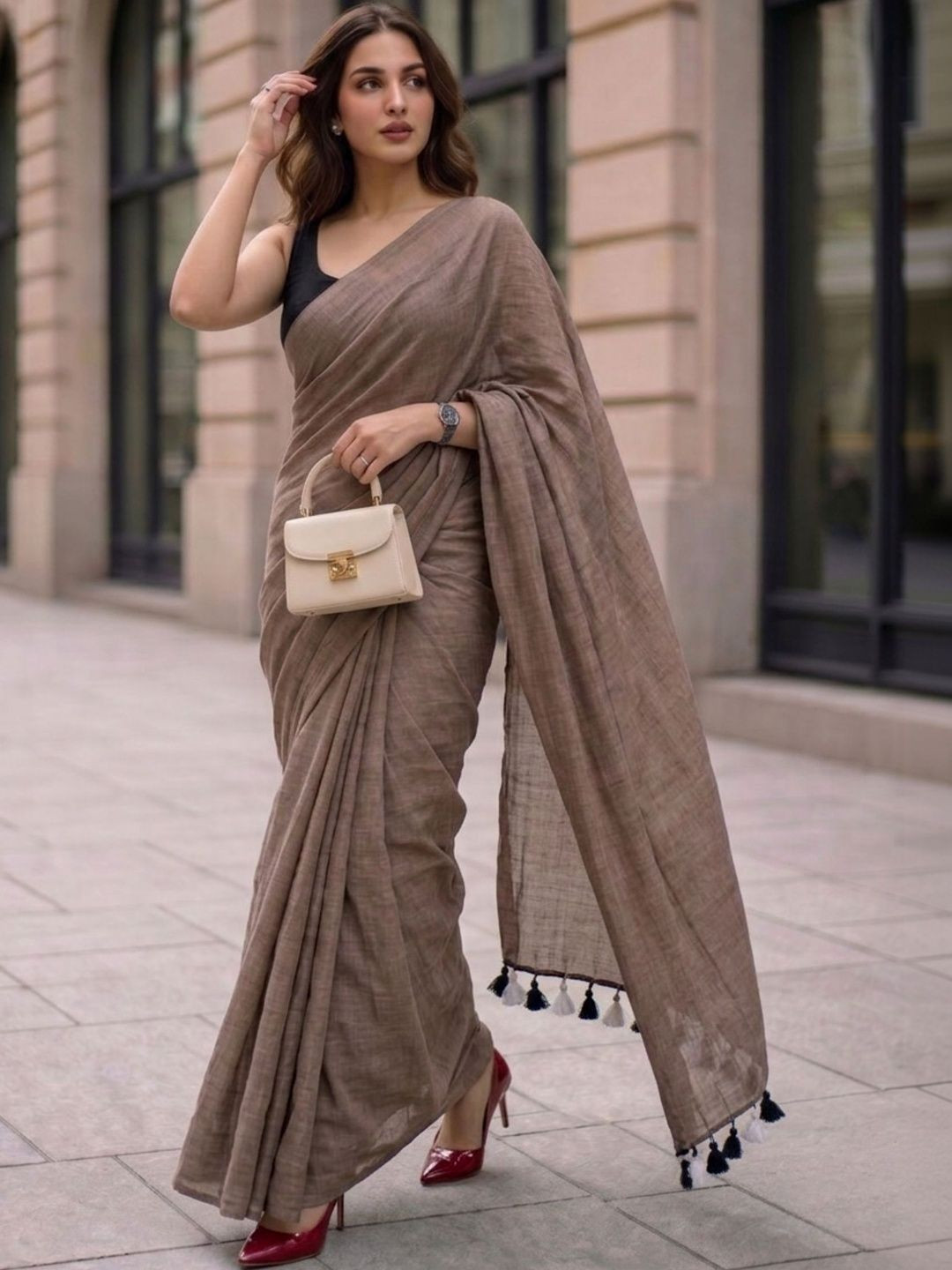 MAYIN India Women Brown Solid Plain Mul Cotton Saree