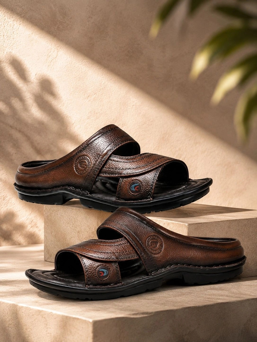 Allen Cooper Men Brown & Black Leather Comfort Sandals