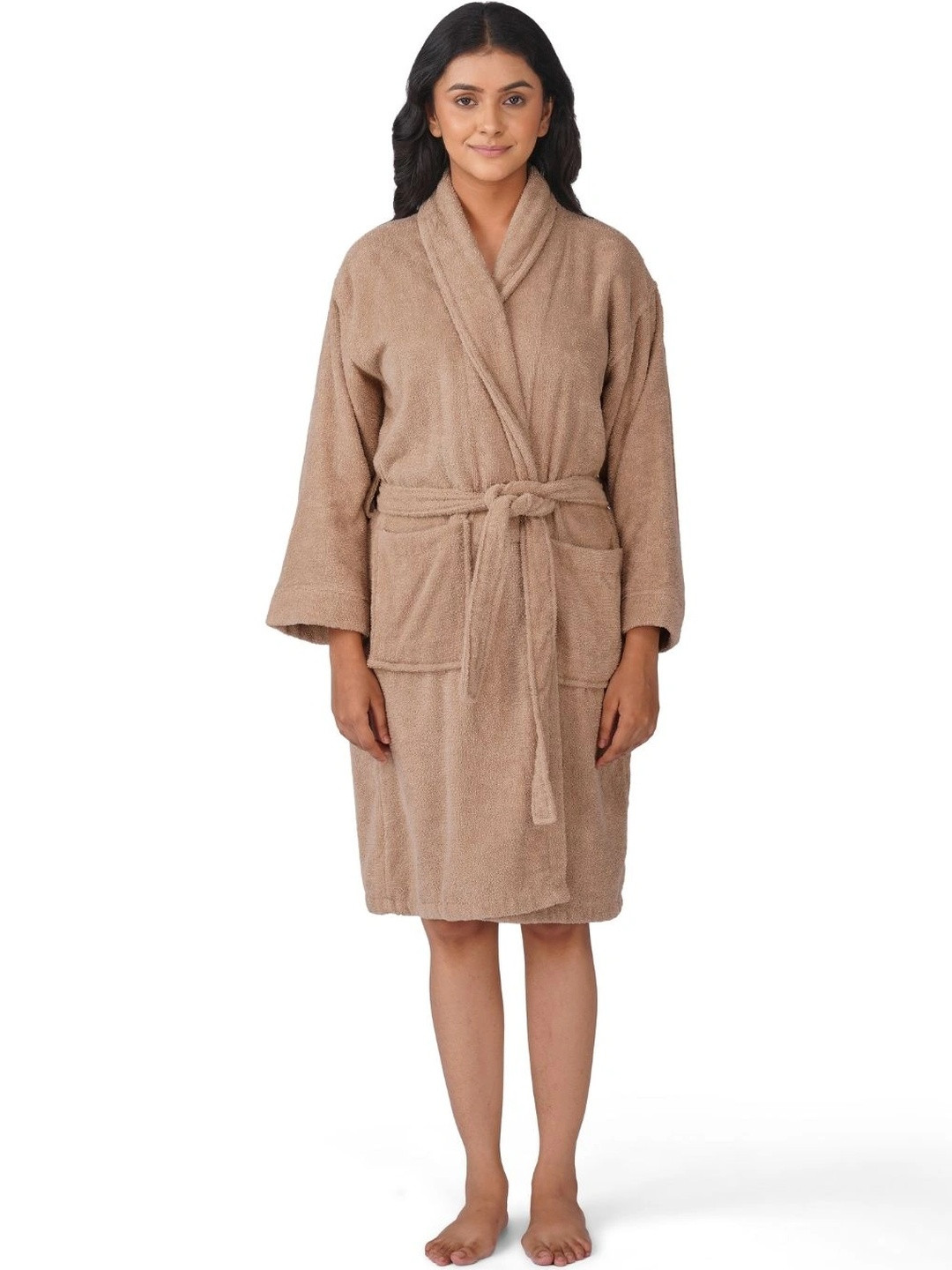 RANGOLI 550 GSM Beige Solid Cotton Drawstring Midi Bath Robe-L