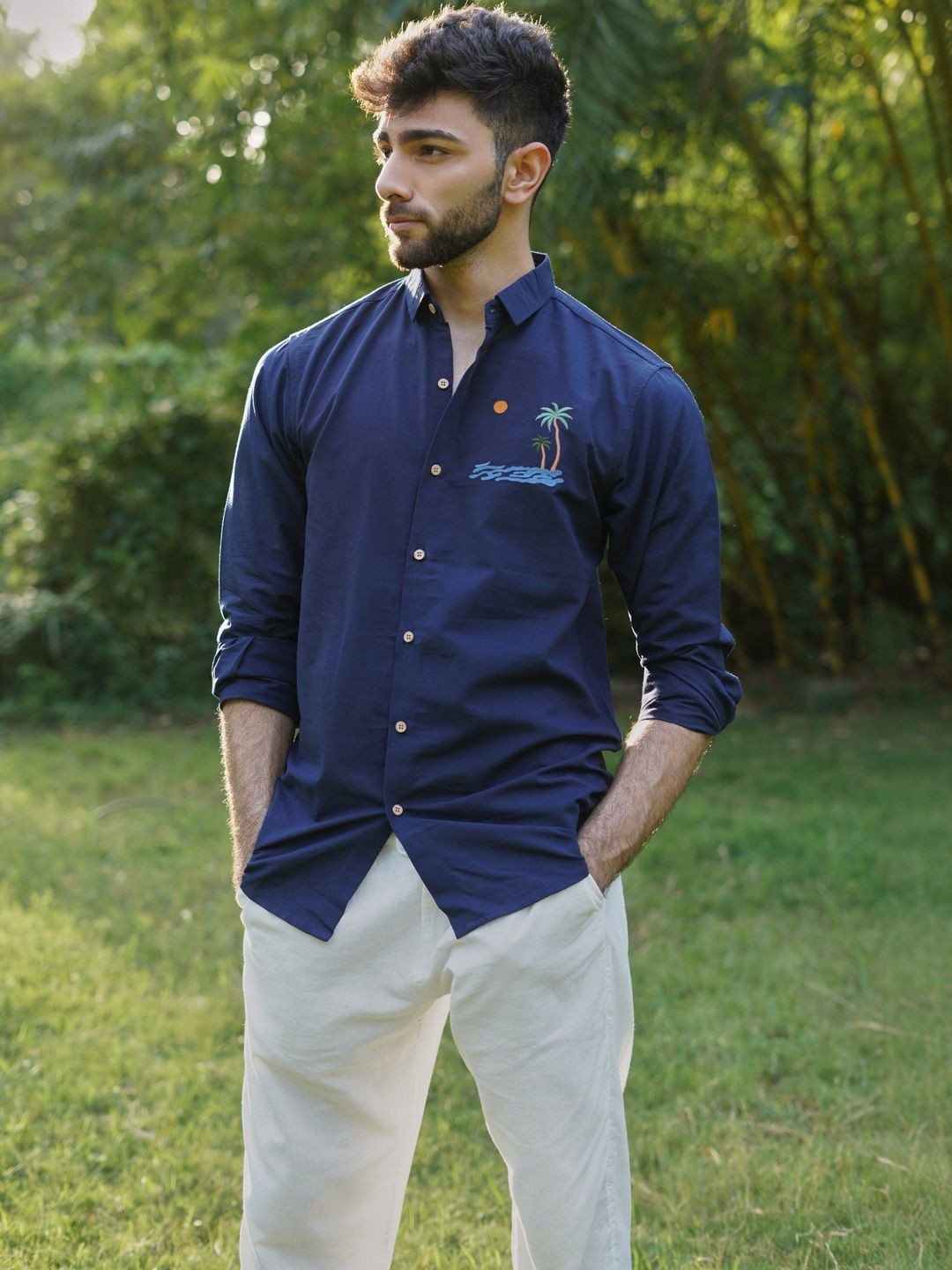 HAMPTONS Tropical Embroidered Textured Cotton Long Sleeves Shirt