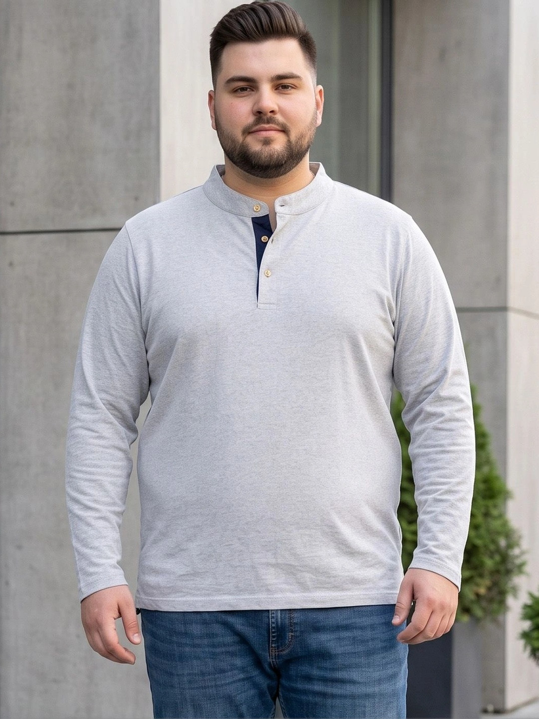 bigbanana Men Plus Size Mandarin Collar Pure Cotton T-shirt