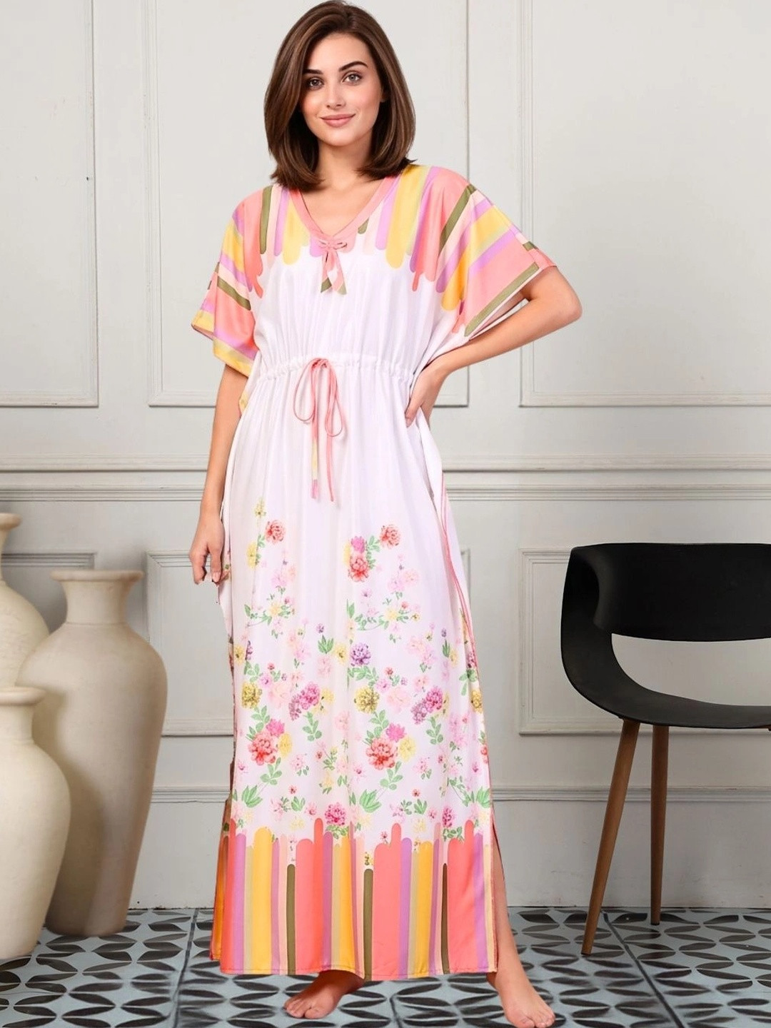 FABINALIV Women White & Green Floral Graphic Printed V-Neck Kaftan Nightdress