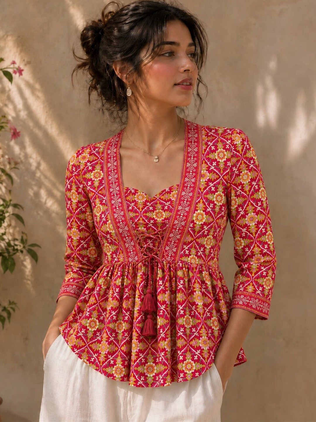 Anouk Rustic Floral Print Ethnic Cotton Peplum Top
