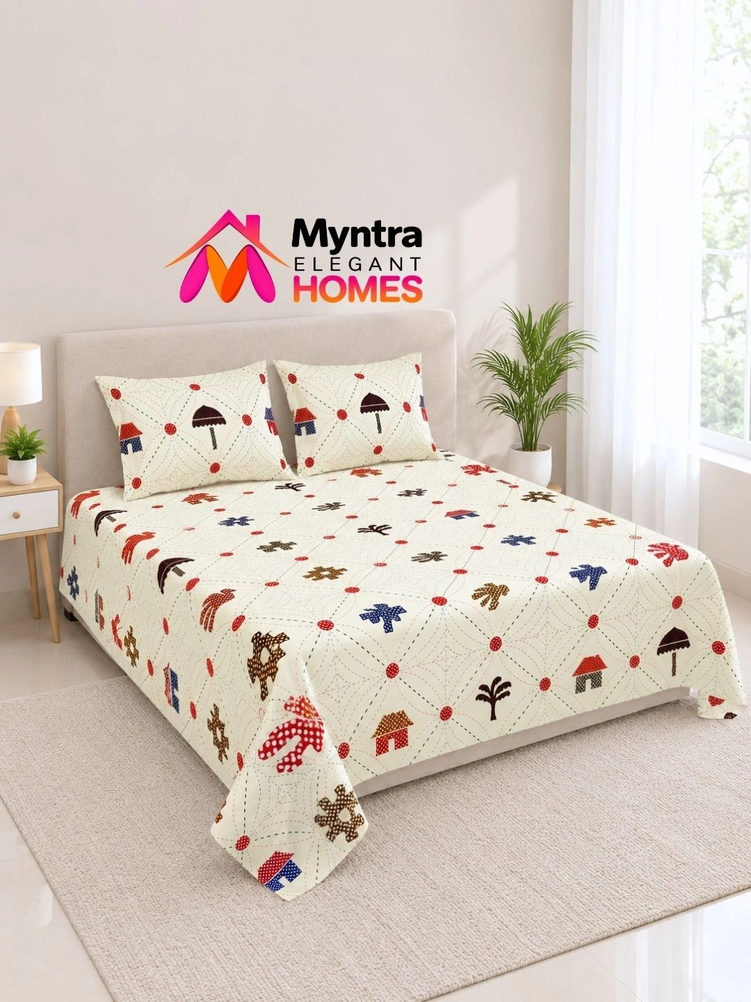 Myntra Elegant Homes Red Geometric Printed Soft Feel 120 TC Queen Fine Bedsheet
