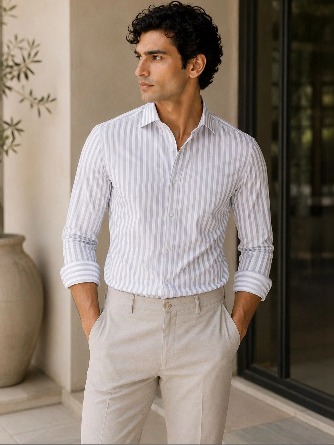 MARK & ALBERT Men India Slim Fit Vertical Stripes Spread Collar Cotton Formal Shirt