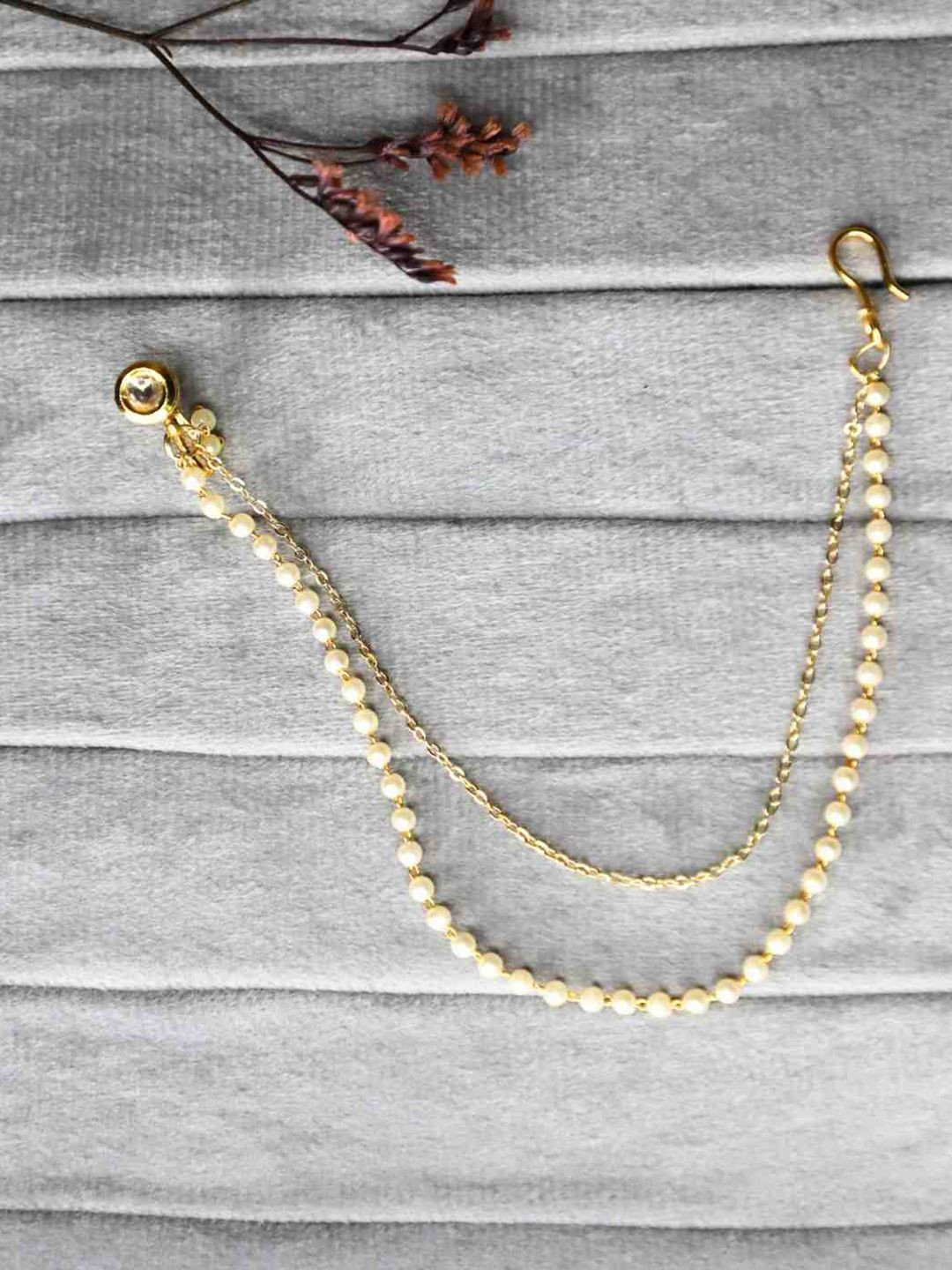 Anouk Gold-Plated Kundan Studded & Pearls Beaded Chained Nosepin