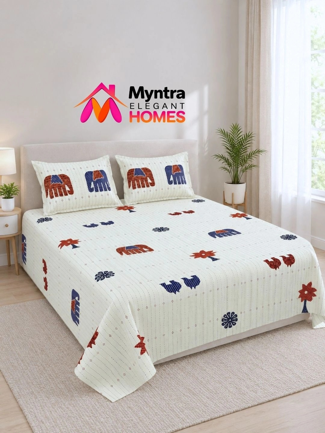 Myntra Elegant Homes Orange Animal Cotton Soft Feel 120 TC Double Fine Bedsheets