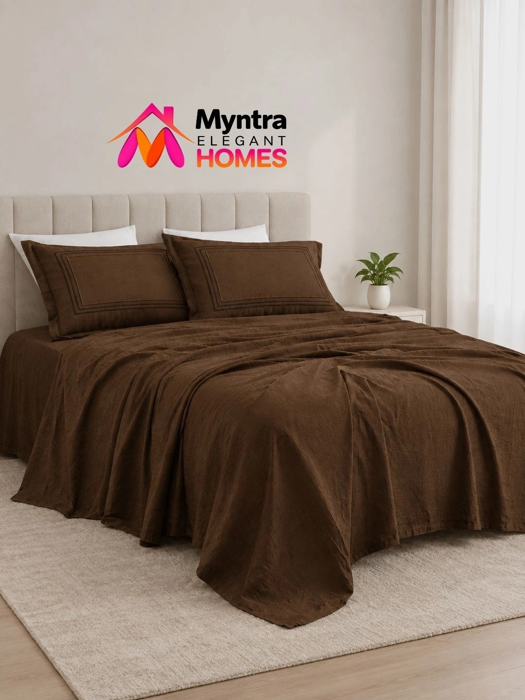 Myntra Elegant Homes Brown Pure Cotton 350 TC Embroidery Super King Bedsheet With 2 Pillow Covers