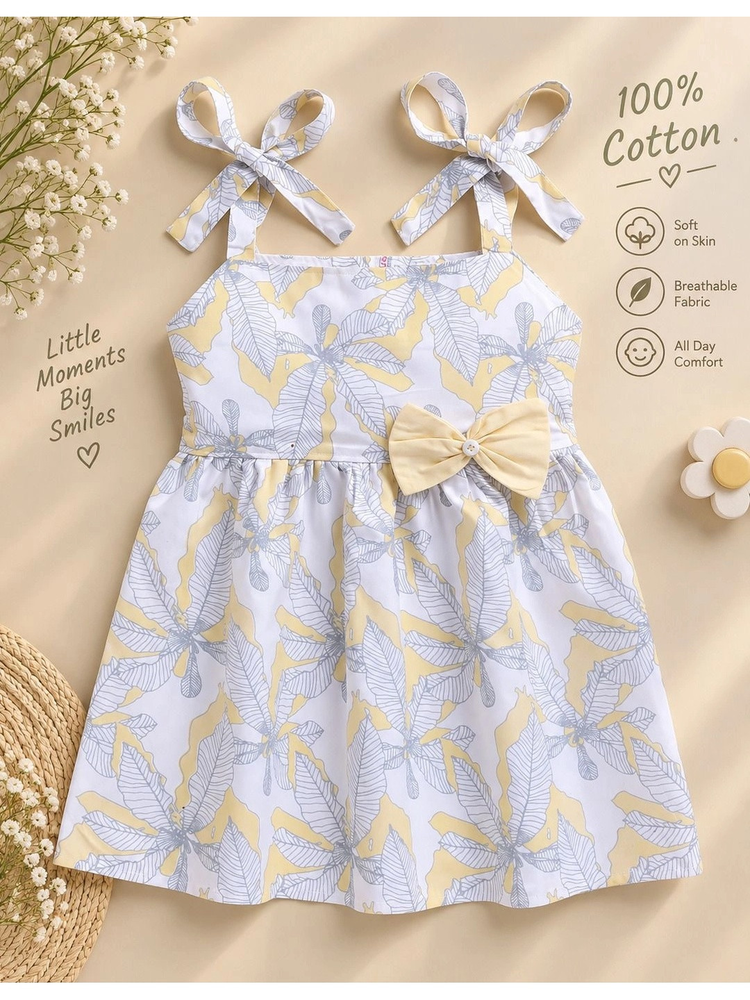 Blushh Berry Tropical Printed Bow Shoulder Straps Fit & Flare Cotton Dress